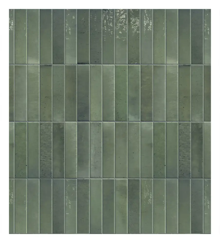 Impressie van groene vintagelook wandtegels van 6x25 cm bij Tegelstudio Zeeland in Vlissingen