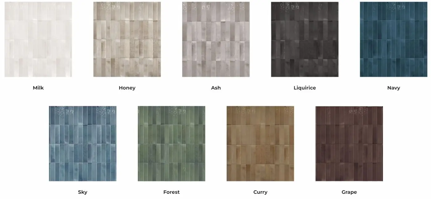 Overzicht kleuren Home wandtegels bij Tegelstudio Zeeland in Vlissingen, verkrijgbaar in 9 kleuren en 2 stijlen: Brick 6x25 en Kitkat 12,5x25.
